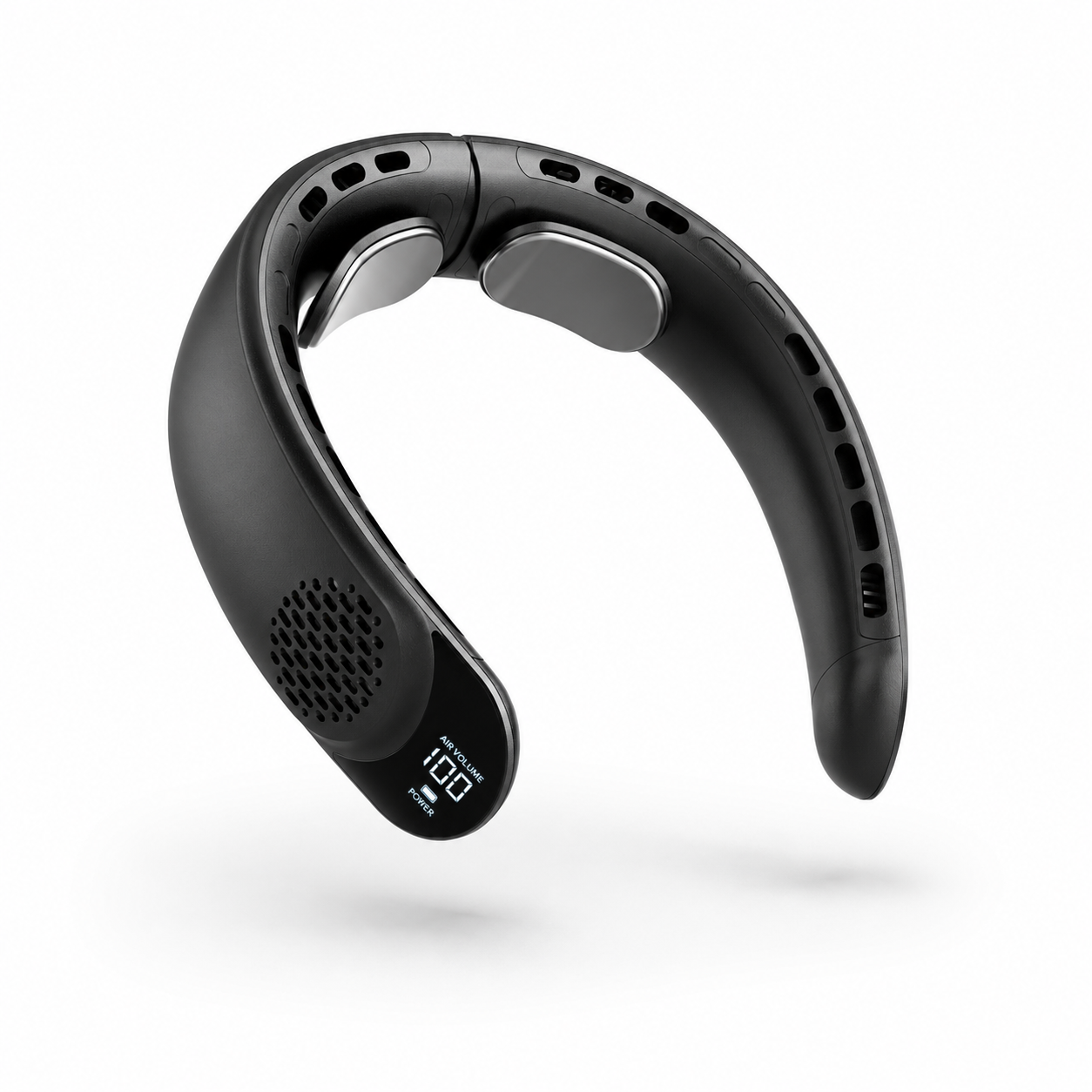 Seranzio Mistral black wearable bladeless neck fan worn by a woman for cooling comfort