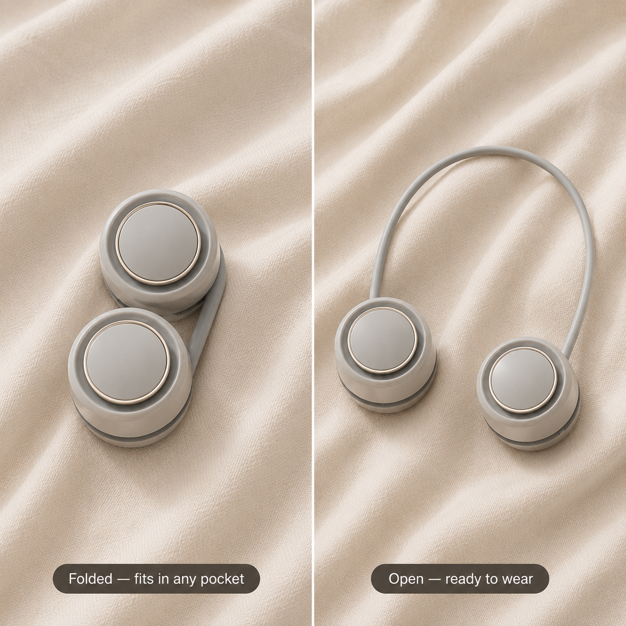 Seranzio Plume foldable wearable neck fan — close-up view