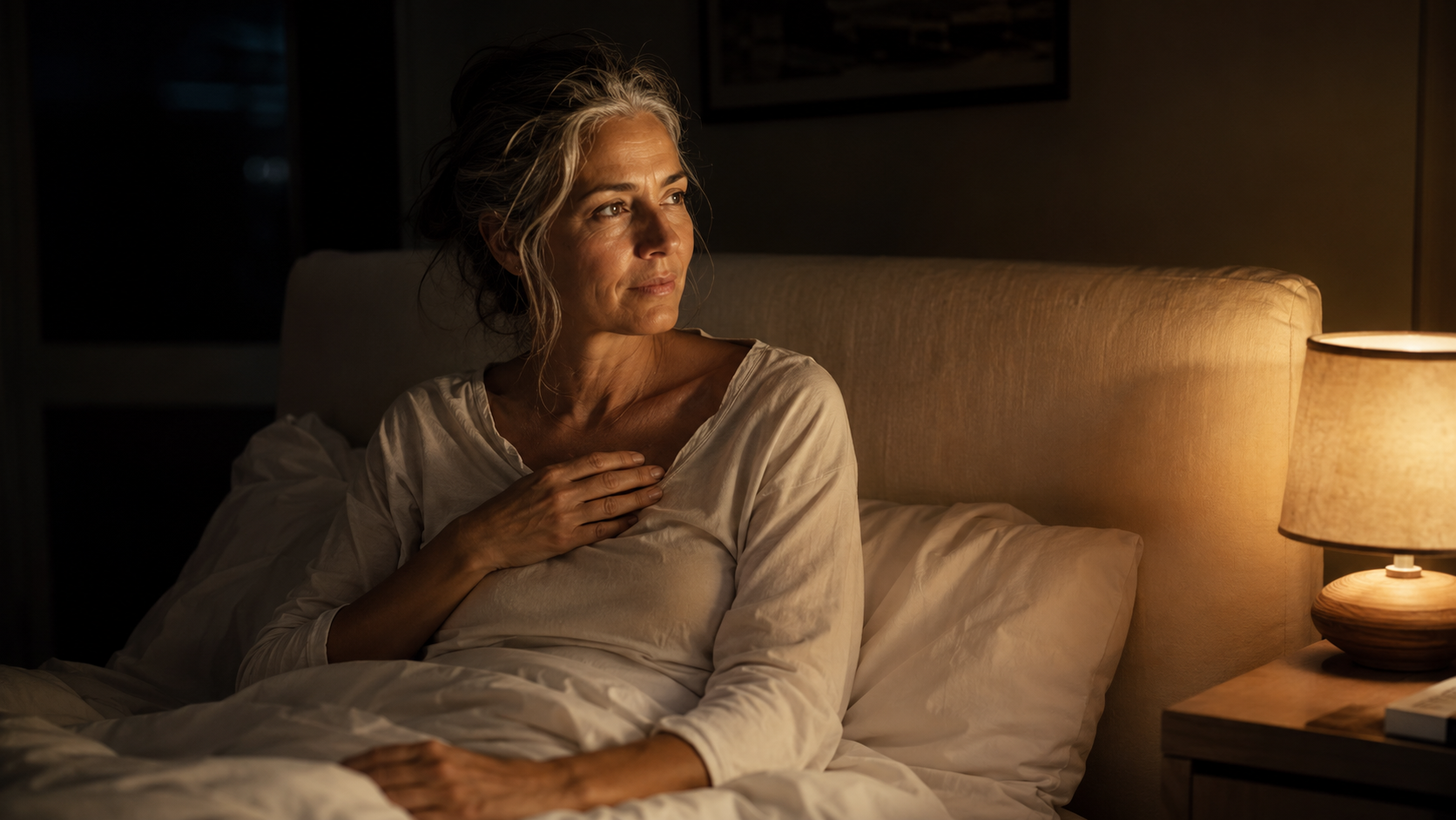 Woman in her 50s sitting calmly awake in bed at 2 AM in soft warm bedside lamp light