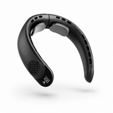 Seranzio Mistral black wearable bladeless neck fan worn by a woman for cooling comfort
