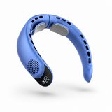 Seranzio Mistral blue wearable bladeless neck fan worn by a woman for cooling comfort
