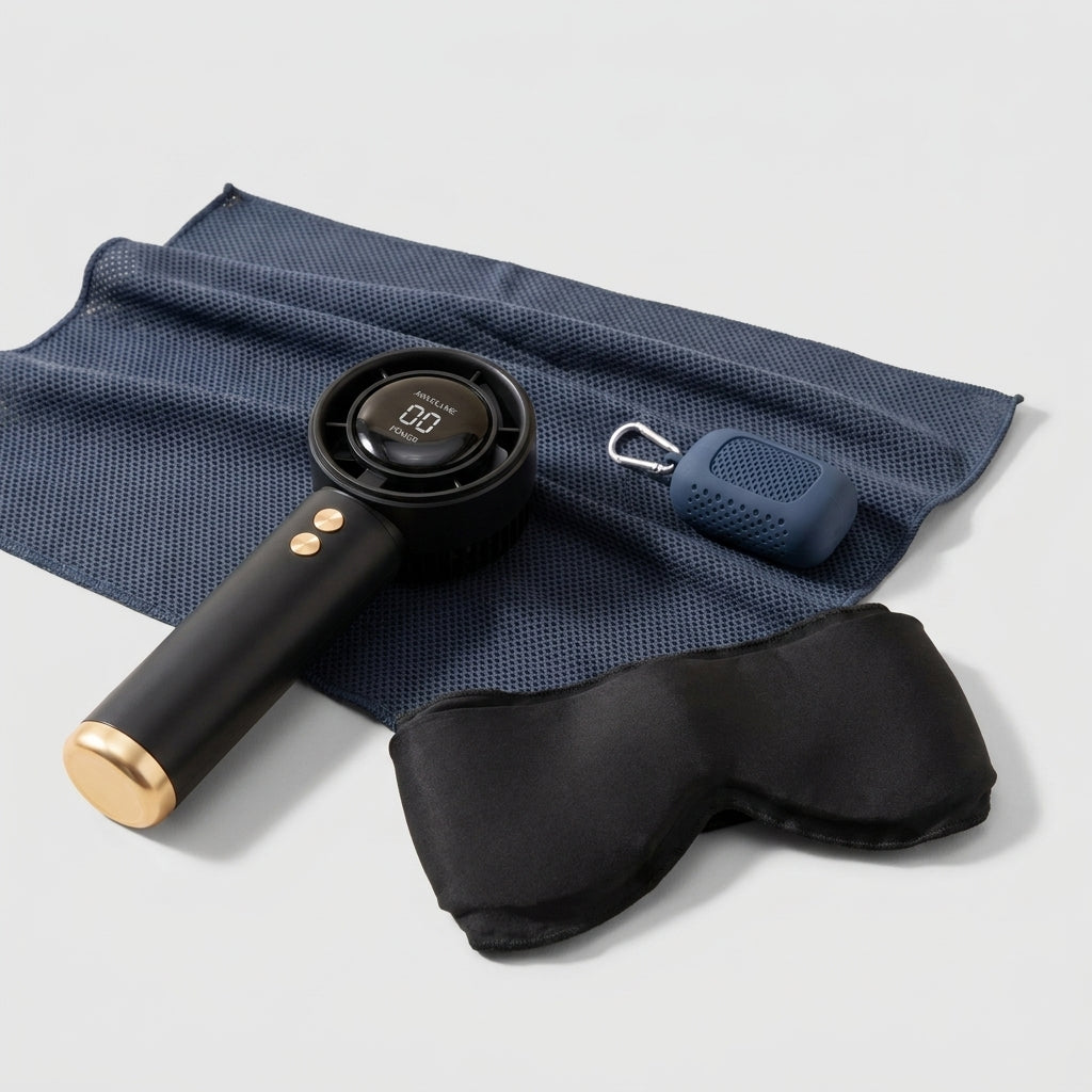 Fan Black · Towel Navy · Mask Black